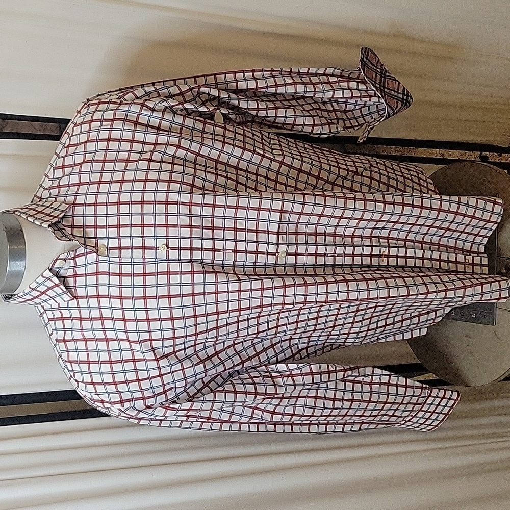 Thomas Dean Dress Shirt w/ Blue, Red, & White Grid‎ Pattern Men's Size XL